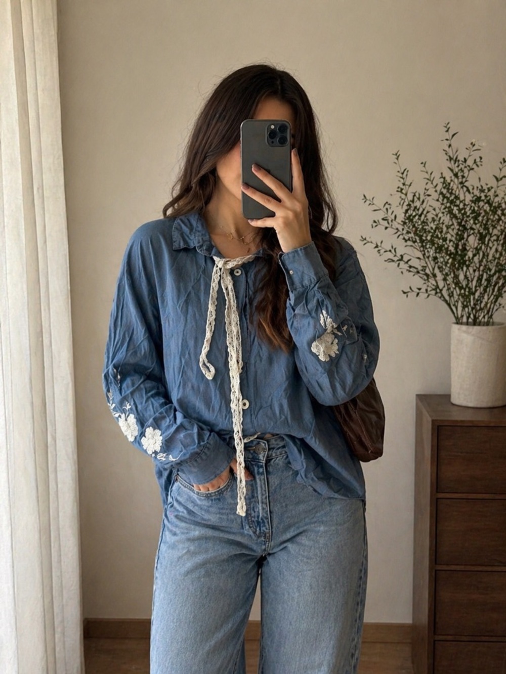 Blue Embroidered Tie-Neck Peasant Blouse